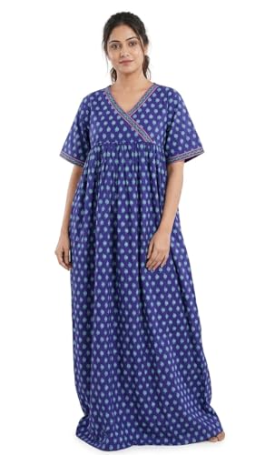 Image of Evolove Cotton Nighty Maxi for Women with Side Pocket | Floral Print Round Neck Short Sleeves Full Length Night Wear Gown
