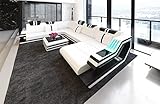 XXL Sofa Wohnlandschaft Ravenna Ledersofa U Form - mit LED Beleuchtung, verstellbare Kopfstützen, Recamiere/Lederfarben wählbar/Ausrichtung wählbar (Ottomane rechts, Weiß-Schwarz)