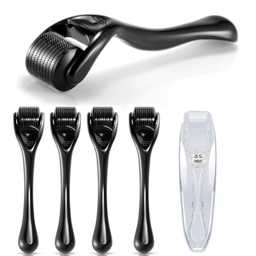 NXPUXP 5 pcs Derma-roller, 540 Micro-aiguilles en Titane de Qualité, Rouleau Facial 0,5 mm pour Soins de la Peau, Cheveux et Barbe – Pour Hommes et Femmes-A