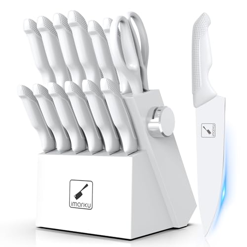 imarku® 14-Piece Kitchen Knife Set with Block and Sharpener, Professional Stainless Steel with Non-Slip Ergonomic Handle, Dishwasher Safe, Home Essential, Gray-White