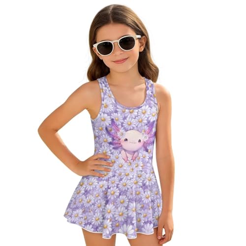 Gorweirop Daisy Axolotl Girls Swim Suits with Skirt Size 8-10 Anti-Slip Bathing Suits for Girls with Cross-Back Straps Fashion Hawaiian Beach Swimwear Gift for Coming Summer, Seamless Design