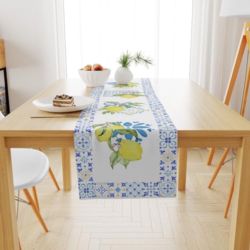 Image of Mediterranean Lemon Table Runner - Blue Tile Border with Watercolor Yellow Lemons and Floral Design - Summer Dining Table Decor for Kitchen or Patio 13x72 Inch