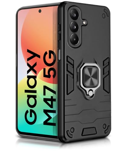 Image of WOW IMAGINE Shock Proof Back Case Mobile Cover for Samsung Galaxy M47 5G | Back Cover Case (Tough Armor | Hybrid PC + TPU | Ring Holder & in-Built Kickstand | Black)