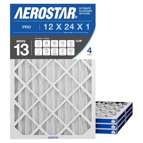Aerostar 12x24x1 MERV 13 Air Filter, 4 Pack Set of HVAC Furnace Filters, Electrostatic MPR 1500-1900 & FPR 10 (Actual Size: 11 3/4 x 23 3/4 x 3/4 inches)