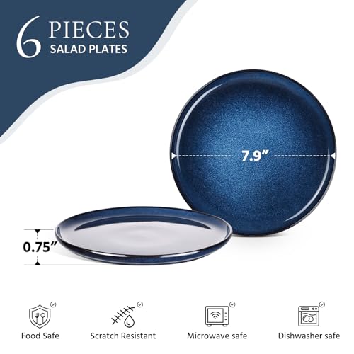 Image of E-far 8 inch Ceramic Salad Plates Set of 6, Reactive Glaze Stoneware Dishes, Round Dessert Plate for Home Kitchen Restaurant, Microwave & Dishwasher Safe - Deep Sea Blue