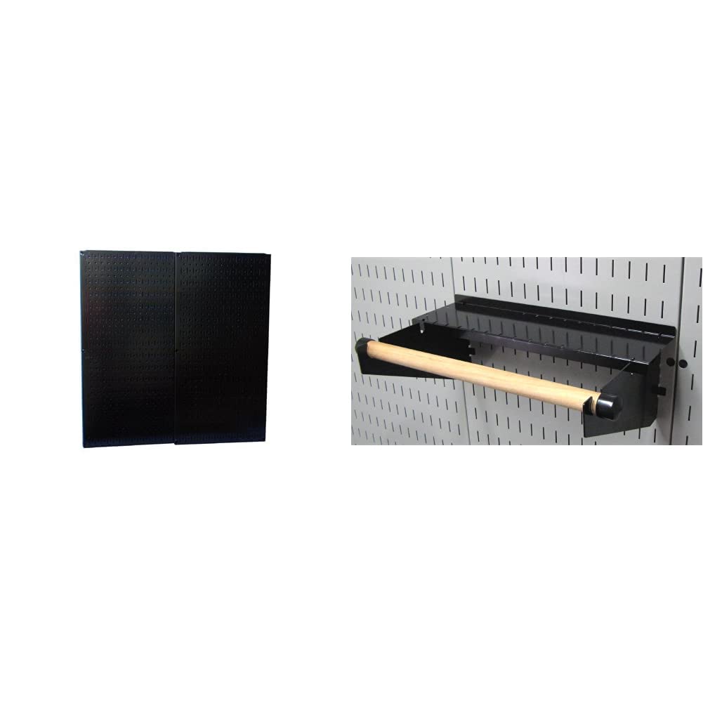 Wall Control 30-P-3232B Black Metal Pegboard Pack - (2) 32" Tall x 16" Wide Black Metal Pegboards &amp; ASM-HS-1694 B Pegboard Paper Towel Holder and Dowel Rod Pegboard Shelf Assembly
