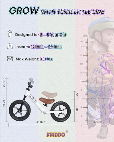 Image of KRIDDO Toddler Balance Bike 2 Years Old, 12-Inch Colorful Lighting-Up Push Bicycle with LCD Writing Tablet, Steady Balancing, Gift Bike for 2-5 Boys Girls, LED-White