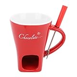 Ceramic Chocolate Fondue Mug, 15.4oz Sweet Fondue Cup with Fork and Candle Holder for Dipping Chocolate Melts Cheese Butter and More (Red)
