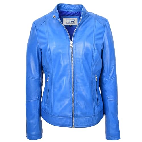 Divergent Retail DR571 Veste de motard décontractée en cuir véritable avec fermeture éclair pour femme Bleu, bleu, 40