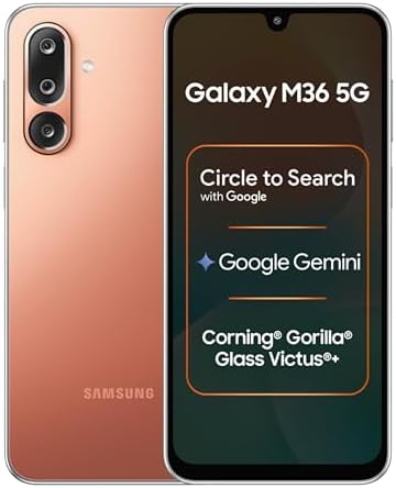 Samsung Galaxy M36 5G Mobile (Orange Haze, 8GB RAM, 128GB Storage) | Google Gemini| Gorilla Glass Victus+ | 7.7mm | AI Enhanced 50MP OIS Triple Camera | Nightography| Lag-free Gaming | Without Charger