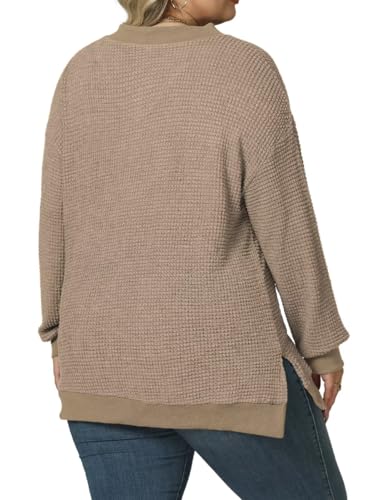 Image of DOLNINE Plus-Size-Tops for Women Casual V Neck Pullover Cute Waffle Knit Lantern Sleeve Sweaters Fashion Side Split Tunics