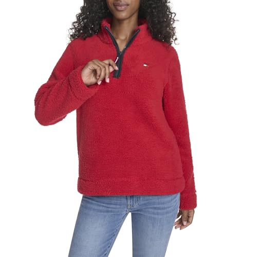 Tommy Hilfiger Women's 1/4 Zip Mockneck Sherpa Soft Pullover, Scarlet, Large