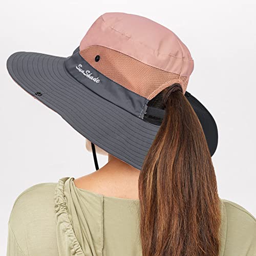 Image of Sun Hat for Women Summer UV Protection Beach Hat Wide Brim Mesh Bucket Fishing Hat with Ponytail Hole Foldable Packable Hat