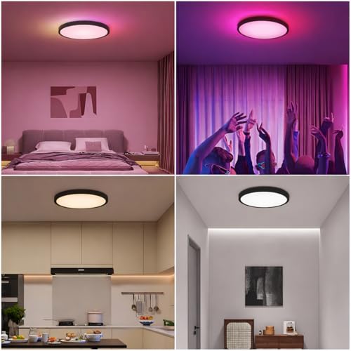 Smart LED Ceiling Light 24W Ø30cm, RGB + 2700K-6500K Adjustable White, 2000LM, Remote/App Control, Alexa & Google Compatible, Modern Flush Mount ABS+PP (Without Remote) - Image 6