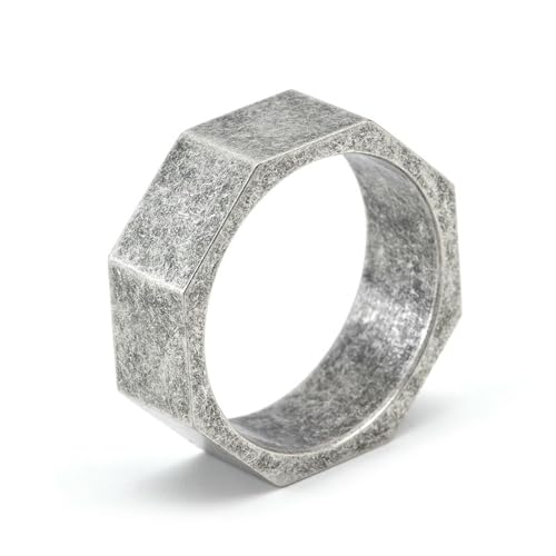 Bague octogonale pour hommes en acier titane avec bande gravée géométrique