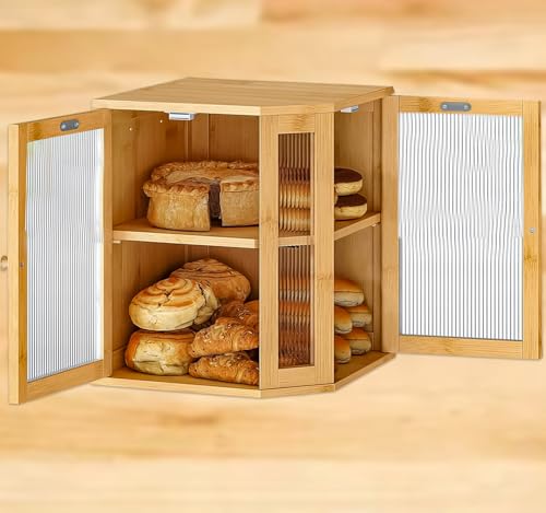Corner Bread Box for Kitchen Countertop - Airtight Design Extra Large Double Layer Boxes, Vintage Storage Homemade Bread, Under Cabinet Organizer Counter, Bamboo Wood Capacity Bin,Natural BreadBox
