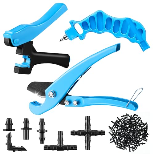 Feekoon Drip Irrigation Punch Hole Tubing Cutter Tools with Barbed Connectors, 2-in-1 Drip Tubing Hole Punch for 1/4 Inch Fitting 16 20 25 mm PE Pipe and Emitter(Blue,115 Irrigation Plugs)