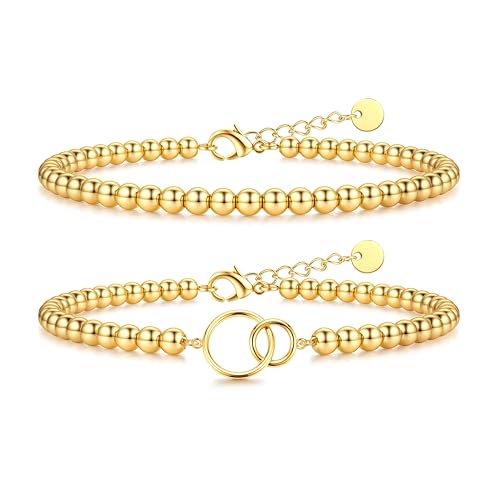 Dochais 2 szt. złotych bransoletek z koralikami z wisiorkiem, bransoletka z koralików 4 mm, regulowana z łańcuszkiem ze stali nierdzewnej, pozłacane 14-karatowym złotem, biżuteria, prezenty dla kobiet