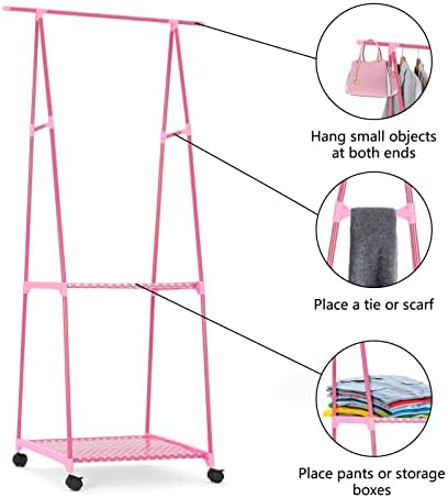 ColdShine 2 Tiers Metal Clothes Rail Heavy Duty Coat Garment Rack 160 * 42.5 * 56cm Storage Shelf with Wheels Freestanding Hanger for Bedroom Boutiques Office Living Room (Pink)