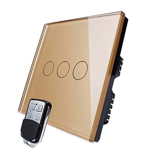 KONOQ Glass Panel Smart Touch Light Switch - Remote ON/OFF (3 Gang / 2 Way, Gold)