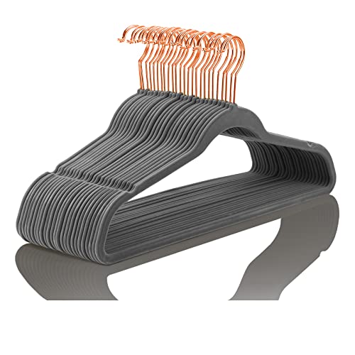 Image of MIZGI Premium Velvet Hangers (50 Pack) Heavy Duty Non Slip Felt Hangers Gray,Rose Gold 360 Degree Swivel Hooks,Space Saving Clothes Hangers,Durable Strong Hangers for Suits,Coats,Pants & Dress