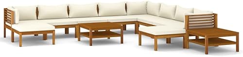Miniatura 2 de ZQQLVOO Sillón de jardín muebles de patio al aire libre juego de 12 piezas con cojín crema madera de acacia maciza para césped jardín patio piscina