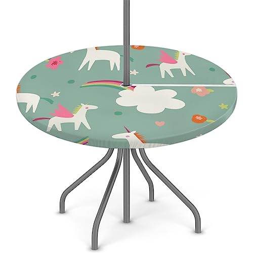 XMNYGJ Cute Magic Horses Round Fitted Tablecloth with Umbrella Hole Zipper for Patio Picnic Tables Elastic Outdoor Table Cover Waterproof and Stain Resistant 45-56 Inch