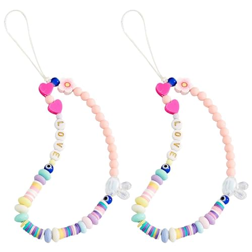Staqlo 2PCS Beaded Phone Lanyard Wrist Strap Face Beaded Phone Charms Pearl Rainbow Color Beaded Phone Chain Straps for Women Girls mkl-44, Medium, PH-mkl-44