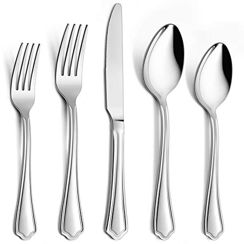 40-Piece Silverware Set, E-far Stainless Steel Flatware Cutlery Set Service for 8, Metal Tableware Eating Utensil Set, Dinner Knives/Forks/Spoons, Scalloped Edge & Mirror Polished - Dishwasher Safe