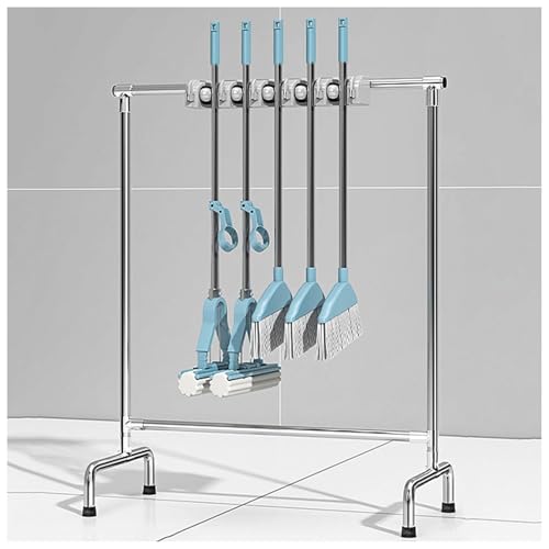 Broom Mop Holder Cleaning Supplies Organizer, Floor-Mounted Mop Rack Cleaning Tool Stand, Heavy Duty Broom Hanger, Garage Storage Rack with Hooks and Slots