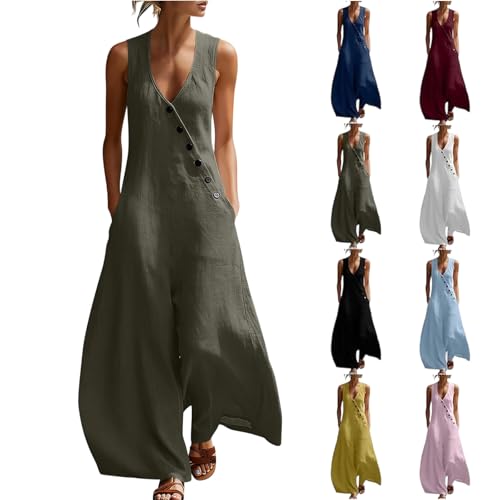 Jumpsuits For Women Casual Cotton Linen Button Rompers Wide Leg Casual Beach Overalls with Pockets Dark Gray women overalls L