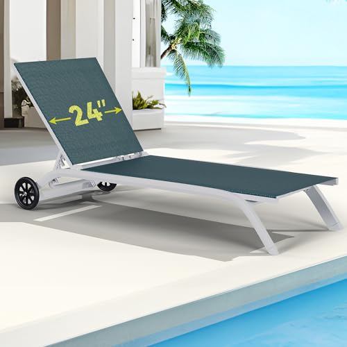 YITAHOME Aluminum Chaise Lounge Outdoor, Widened Patio Lounge Chair with Wheels, 5-Position Adjustable Sunbathing Recliner for Poolside, Backyard, Lawn (Dark Green)