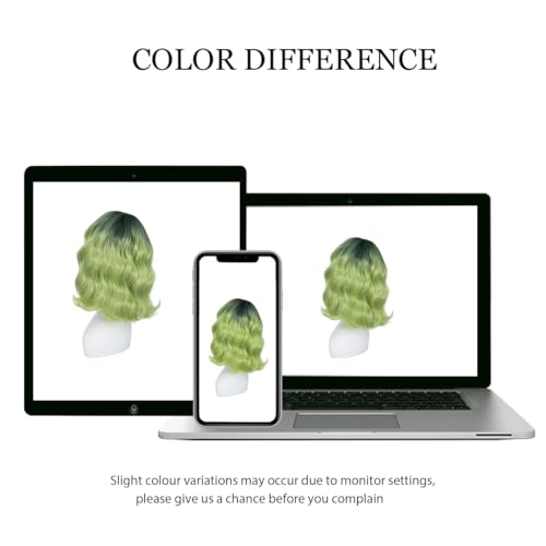 Image of Rose bud Wavy Bob Wig with Bangs Natural Ombre Green Wig Synthetic Hair Shoulder Length Short Curly Wigs for Women
