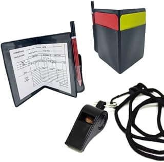 Fitness Health Refs Whistle with neck lanyard and Referee Cards Red/Yellow Wallet Football Notebook Pencil Kit - Soccer Coach Sport Set