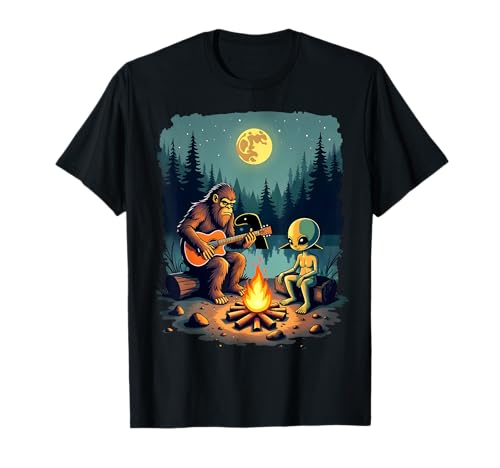 Alien and Bigfoot Campfire Sasquatch Guitarra Loch Ness Camiseta