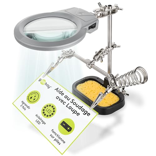 goobay 51226 Troisième main à souder avec loupe et support de fer à souder / l'aide idéale pour tous les travaux de soudure délicats / Ajustable avec Pinces Crocodiles / noir