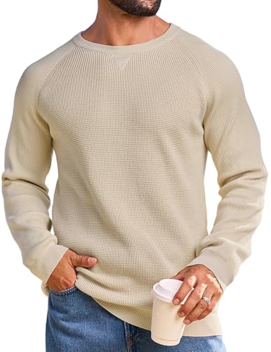 Vssjavun Mens Crewneck Pullover Sweater Waffle Textured Long Sleeve Casual Knitted Sweaters