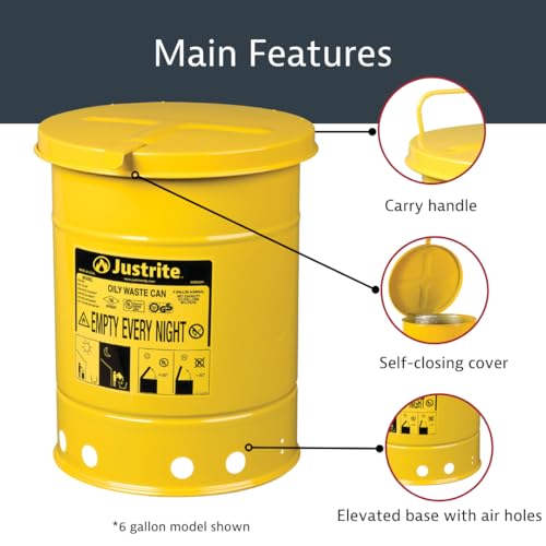 Justrite 09711 21 Gallon Oily Waste Can with Out Lever Yellow - Thumbnail 4