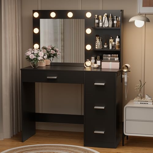 Image of YESHOMY Vanity Desk with Mirror, LED Lights and Storage, Black