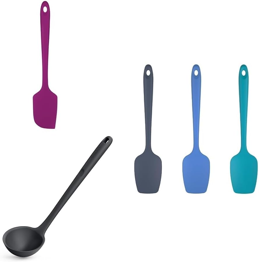 U-Taste 600ºF Heat Resistant Flexible Baking Spatula (Purple) and Durable Cooking Spoon Spatulas (Multicolor), and 600ºF Heat Resistant 13 inch 4 oz Large Non-Stick Silicone Soup Ladle (Black)