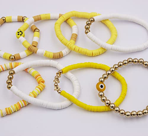Palotay 8Pcs Preppy Heishi Bracelets Colorful Smiley Face Evil Eye Beaded Stackable Bracelets Set Surfer Clay Bead Pearl Stretch Bracelets Y2K Summer Beach Jewelry For Women Girls Yellow #TOP4