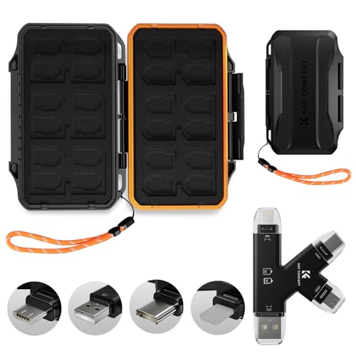 K&F CONCEPT Estuche para Tarjetas de Memoria 36 Ranuras (12 SD + 24 Micro SD) con Lector 4 en 1 Type-C/USB/Lightning/Micro-B, Caja Protectora Antigolpes para Tarjetas SD/TF – Memory Card Case Portátil