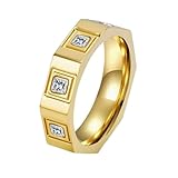 PAMTIER Hombre Acero Inoxidable Geométrico Anillo Moderno 6mm Circonita Cúbica Eternidad Promesa Alianza de Boda Oro Talla 25