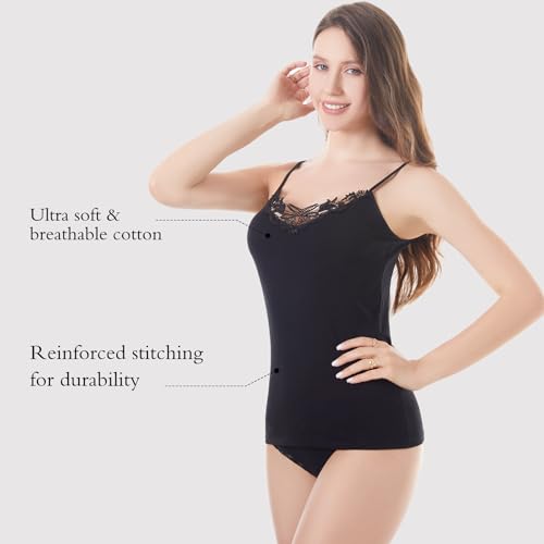 Image of Womens Tank Top Camisoles with Premium Cotton Italian Design - Trimmed with Flower Lace on Neckline