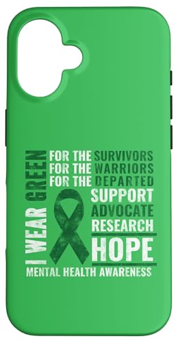 Cinta del mes de concientización de la salud mental con texto en inglés "I Wear Green Carcasa para iPhone 16