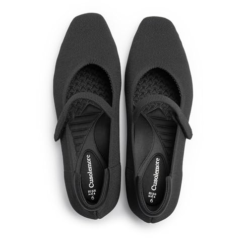 Mary Jane Flat Shoes for Women with Arch Support and Concealed Low Wedge Heel, Comfortable Women Square Toe Ballet Flats Knit Dress Shoes2