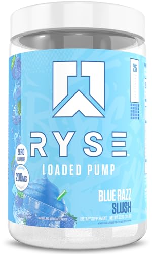 Ryse Loaded Pump Pre Workout Powder - Blue Razz Slush - No Caffeine Stimulant Free Formula for Pump Power & Endurance - L-Citrulline PeptiPump Betaine Anhydrous Taurine & AstraGin - 25 Servings