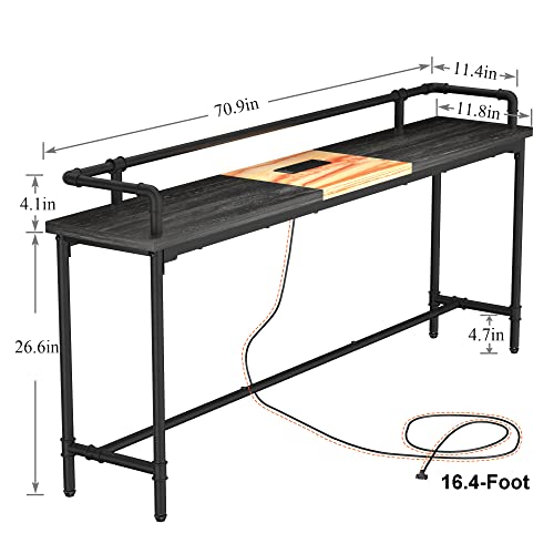 Vecelo 70 Inch Console/Sofa Table With Charging Station&Power Outlet, Narrow Industrial Behind Couch, For Entryway, Hallway, Living Room, Foyer, 71Inches, Gray #TOP2