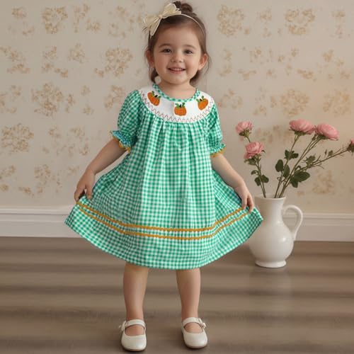 Toddler Girl Halloween Smocked Dress Pumpkin Embroidery Plaid Princess Dresses Holiday Cake Smash Photo Fall Clothes2