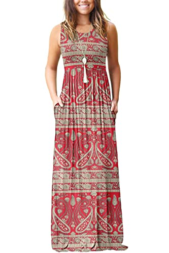 AUSELILY Summer Dresses for Women Casual Sleeveless Maxi Dress Loose Long Dresses with Pockets Boho Floral Red m